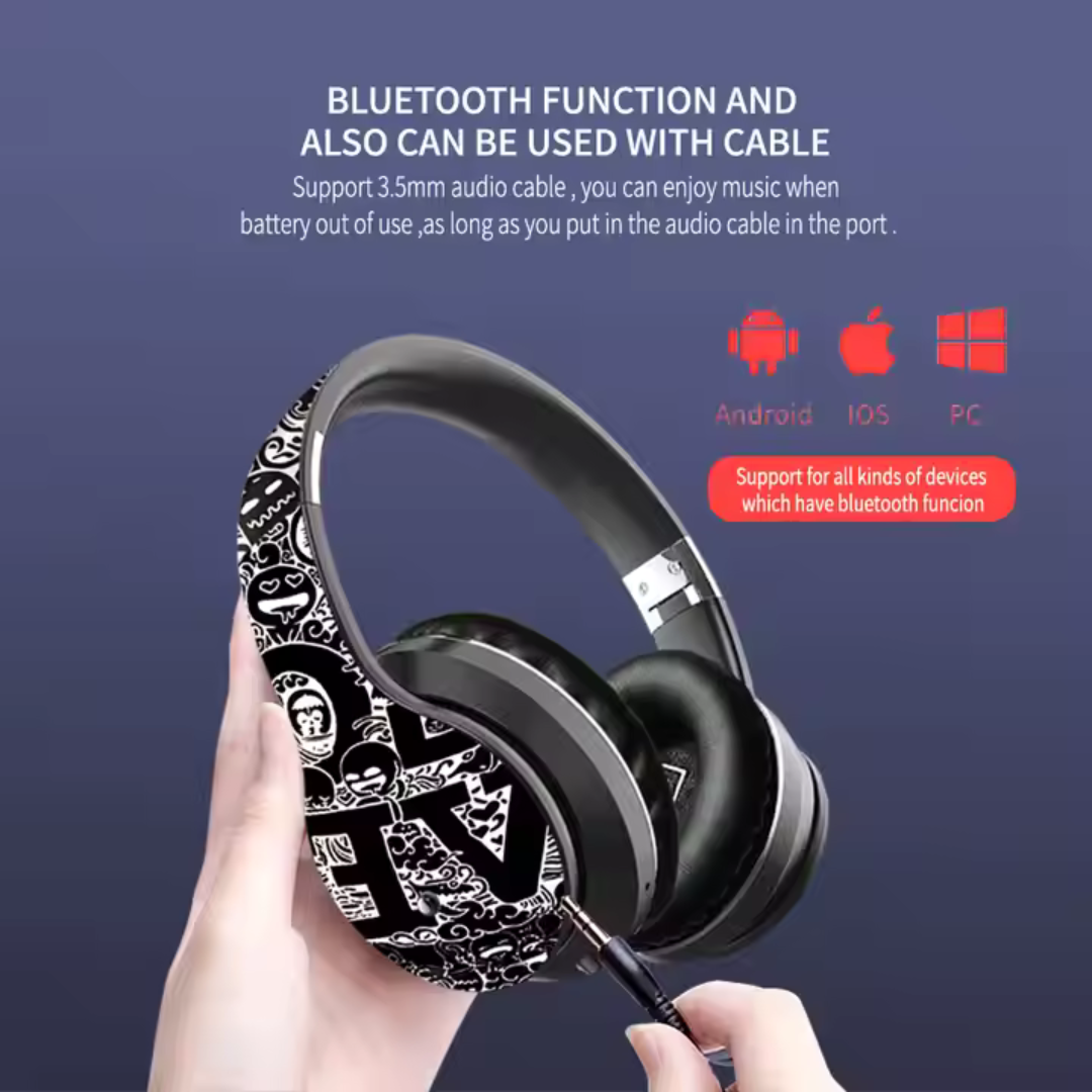 Bluetooth Wireless Headphones – DJ Style, Foldable, with Custom "LOVE" Graffiti Art
