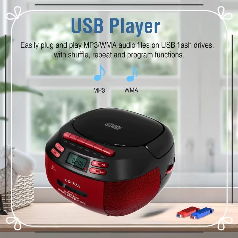 Portable CD Boombox – Cassette Player & Recorder with AM/FM Radio