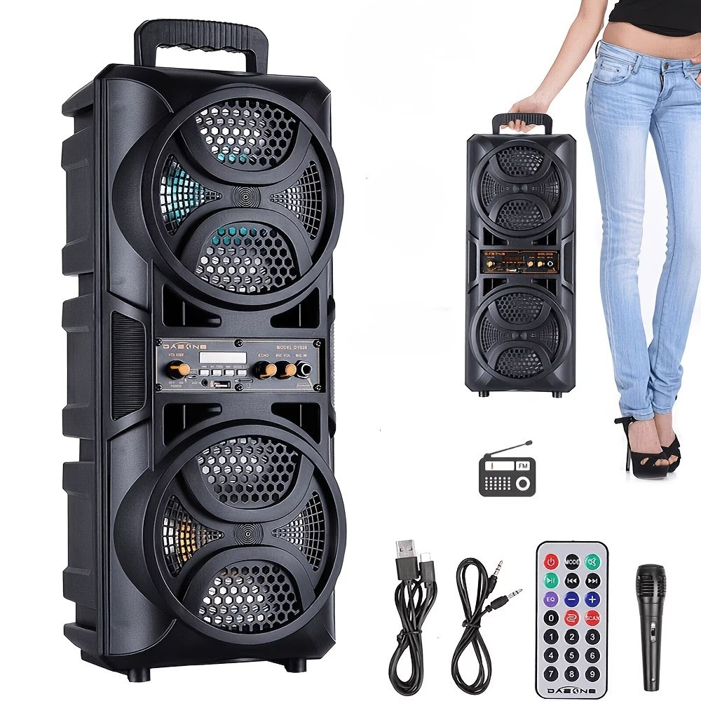 Portable Bluetooth Speaker with Dual 6.5″ Woofers, RGB Lights & Karaoke Mic