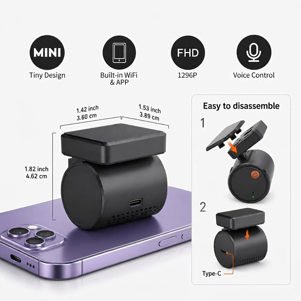Mini WiFi Dash Cam for Cars – Voice Control, 24H Parking Monitor & Wireless Video Recording