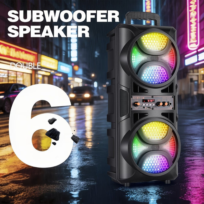 Portable Bluetooth Speaker with Dual 6.5″ Woofers, RGB Lights & Karaoke Mic